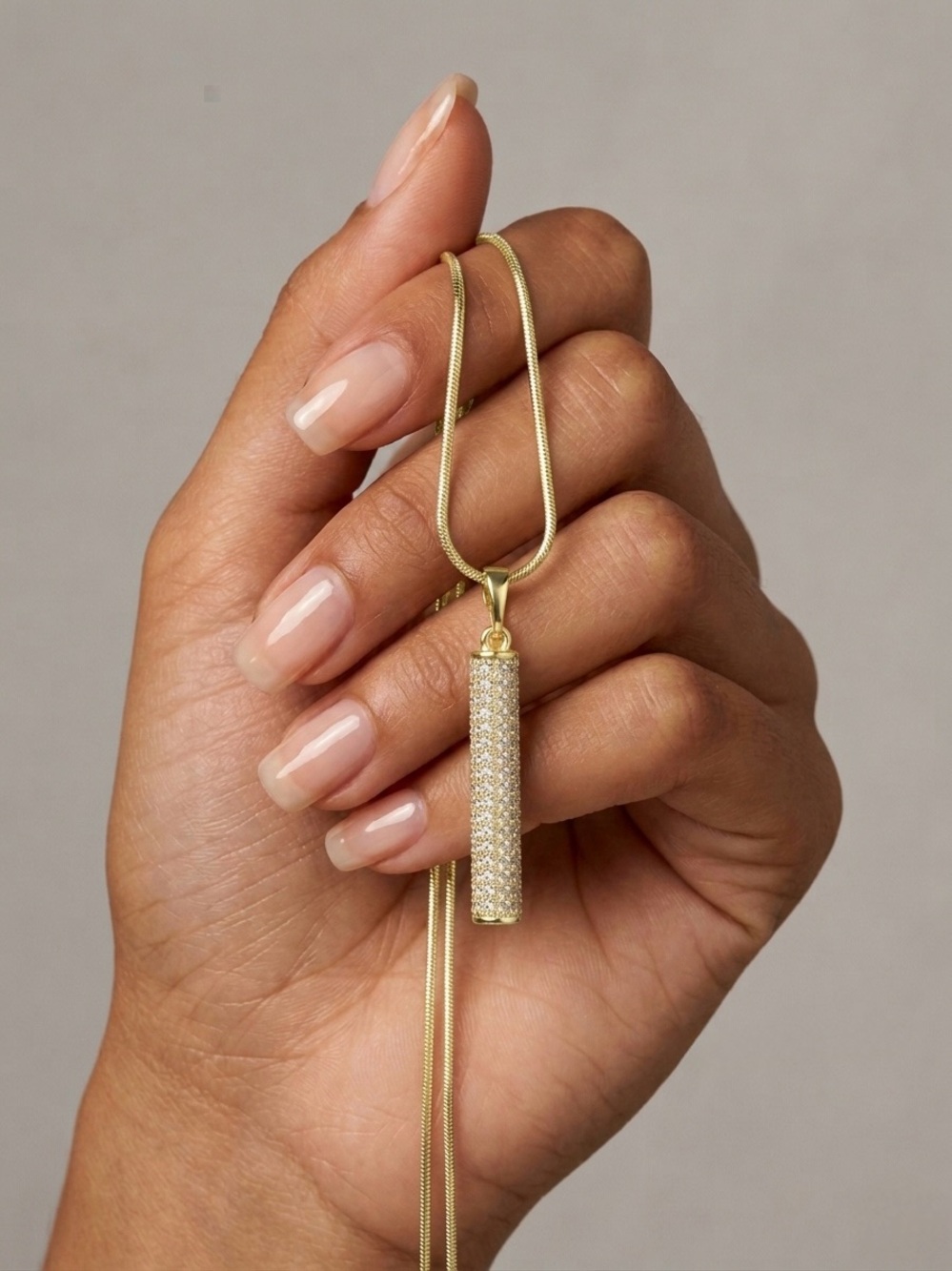 14K Gold Plated Vertical CZ Bar Pendant w/ Snake Chain Necklace | Dainty Jewelry